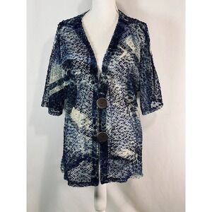 JM Collection Woman Blue White Open Knit Cardigan Metallic Button Front Size 3X